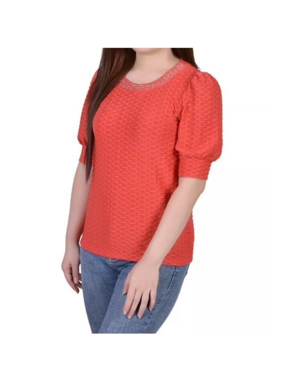 NY Collection Womens Petites Embellished Polyester Pullover Top Red Size PM NWT
